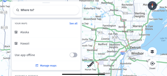 HERE WeGo Maps on an iPhone showing offline maps.