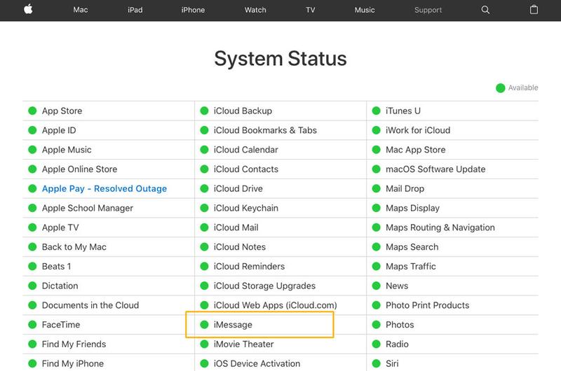 Como corrigir o iMessage não funcionando no iPhone, iPad e Mac: Status do sistema