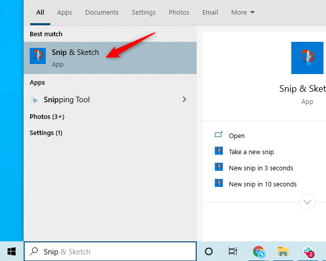 The "Snip & Sketch" application shortcut in Windows 10's Start menu.