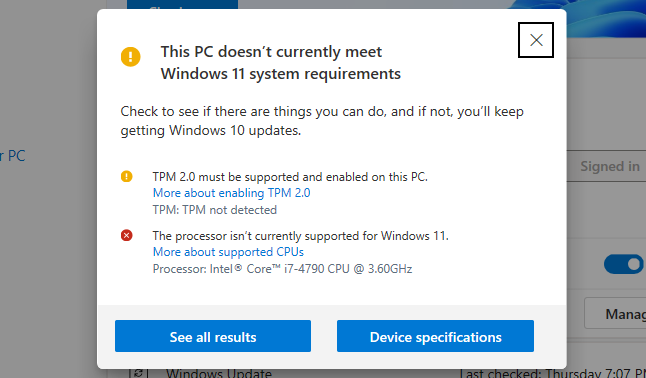 The PC Health Check app saying a PC doesn't currently meet Windows 11's minimum requirements.