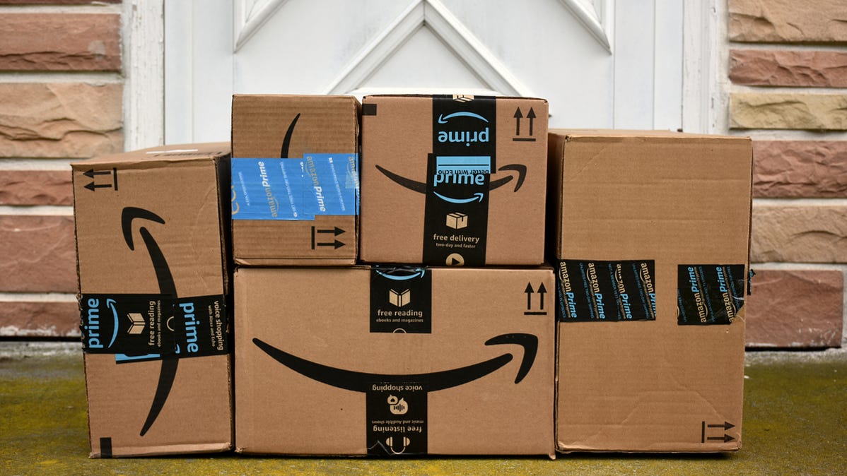 A pile of Amazon boxes