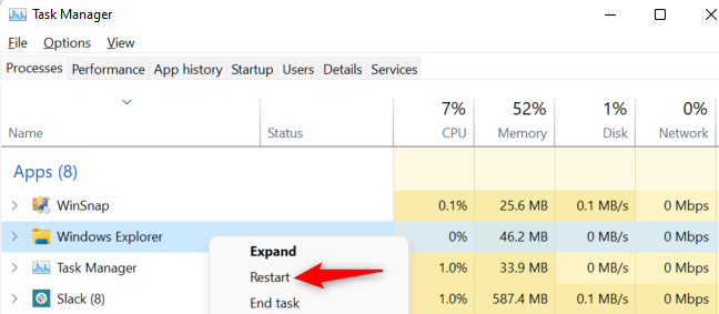 Right-click "Windows Explorer" and select "Restart."