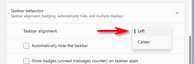 In the "Taskbar Alignment" menu, select "Left."