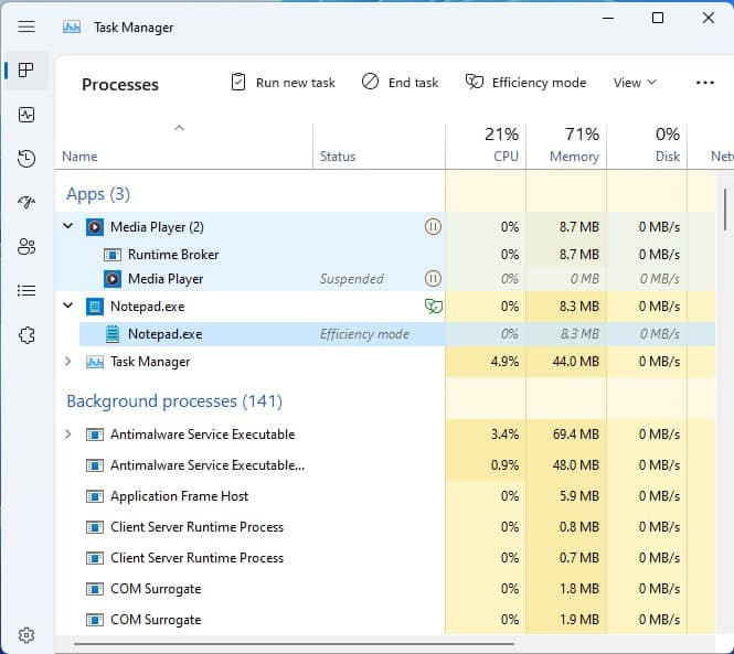windows 11 task manager efficiency mode and suspended mode