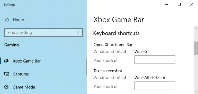 Xbox Game Bar options in Windows 10's Settings app.