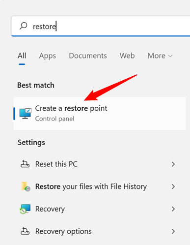 Type "Restore" into the Start menu, then click "Create a restore point."