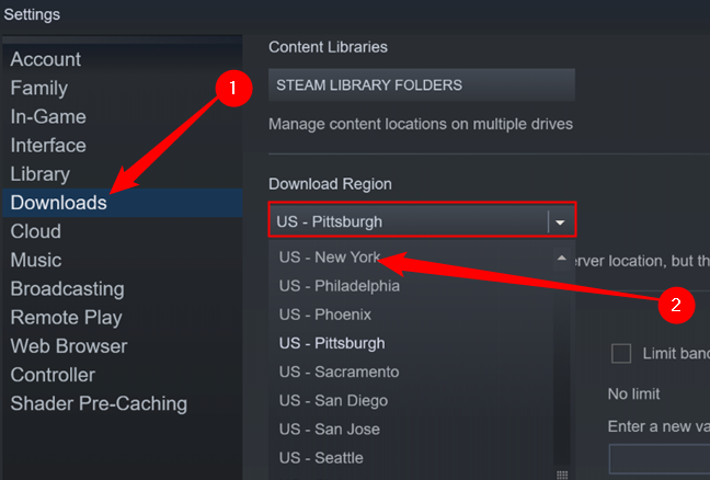 Go to the "Downloads" page, then click the drop-down menu and select a new download server. 