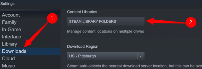 Click "Downloads" on the left side, then click "Steam Library Folders."