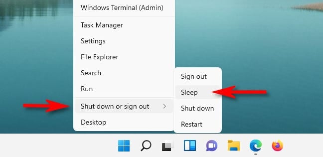 Right-click the Start button, select "Shut Down or Sign Out" then choose "Sleep."