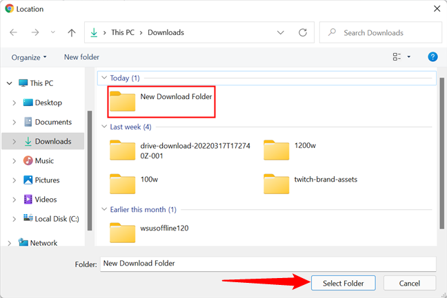 Select the new download folder, then click "Select Folder."