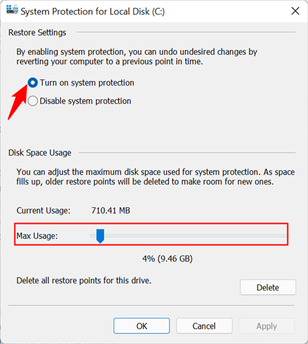 Tick the bubble "Turn on System Protection," and adjust the slider to the correct amount of storage. Then click "Ok."