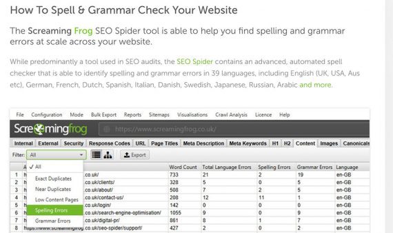 Screenshot of Screaming Frog spell check page