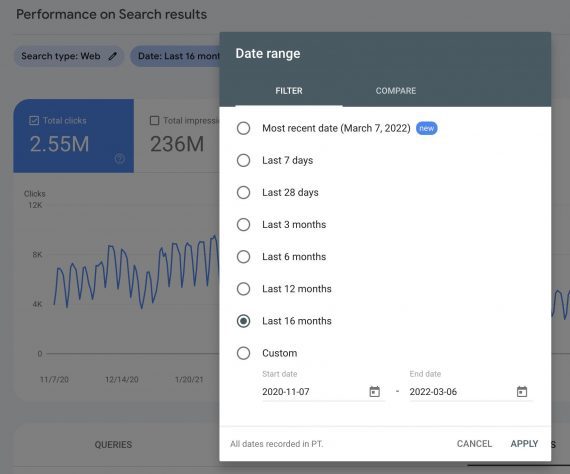 Screenshot of Search Console's performance date range