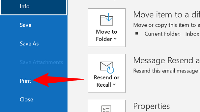 Select File > Print in Outlook.