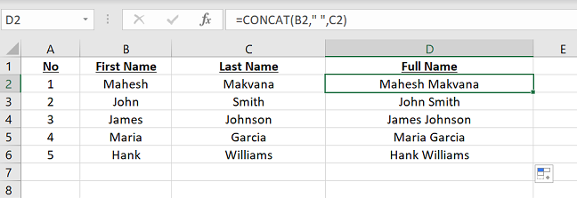 Merge values with CONCAT in Excel.
