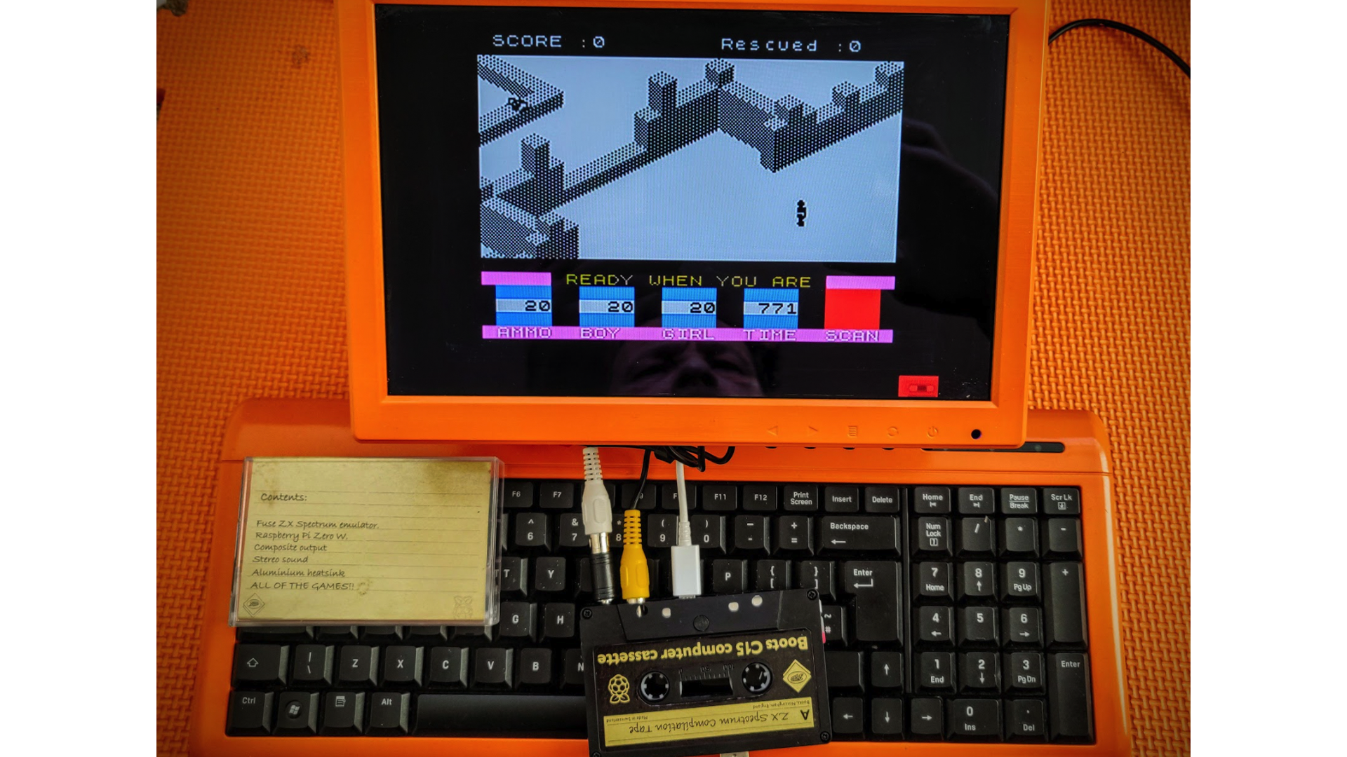 The Raspberry Pi emulating ZX Spectrum on a screen.