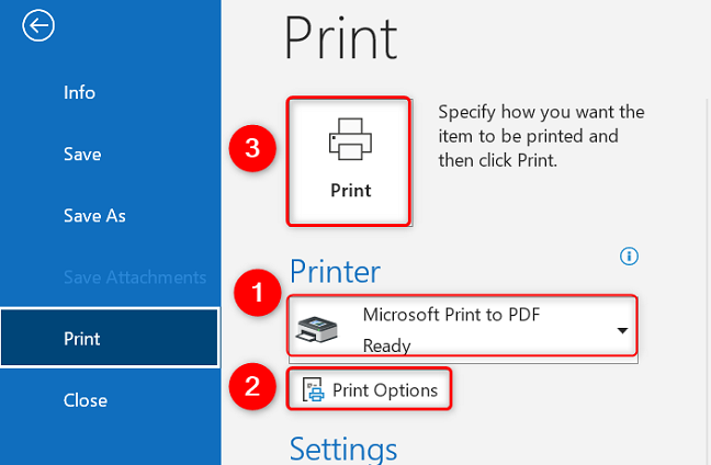 Print an email to PDF in Outlook on desktop.