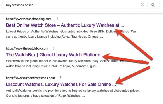 Screenshot of search result for "buy watches online" showing three title tags