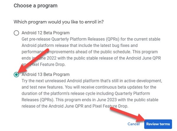 Choose the Android 13 program.