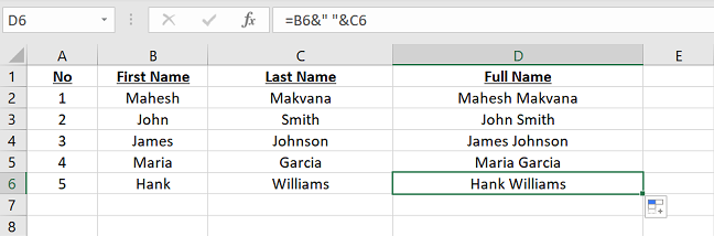 Concatenation with "&" in Excel.