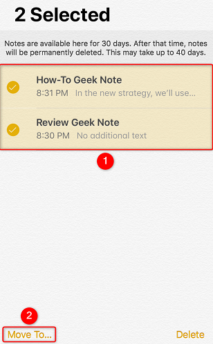 Select notes and tap "Move To."