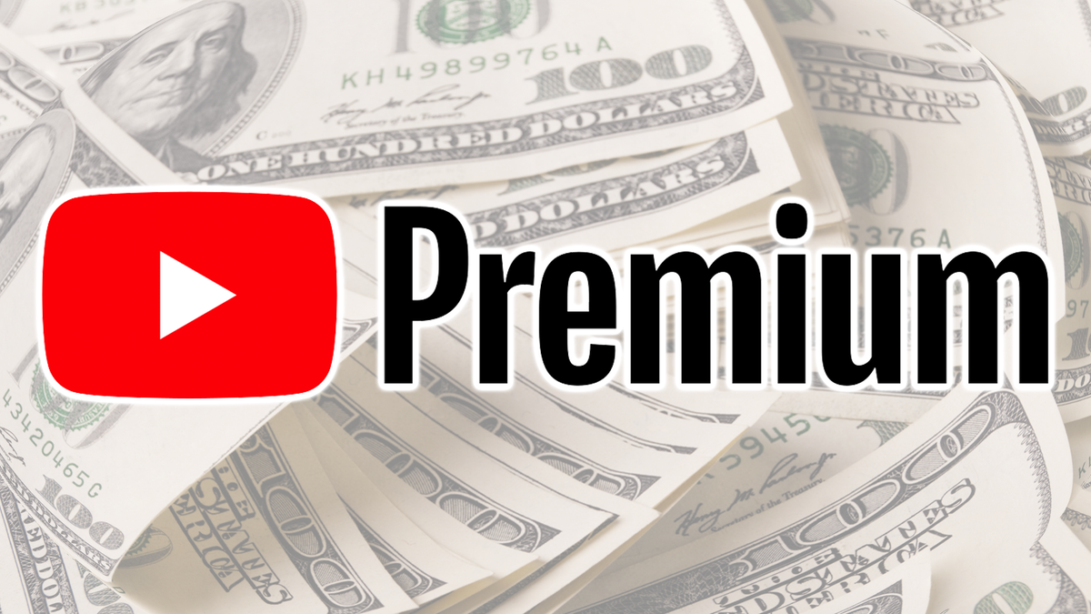 The YouTube Premium logo over a stack of money.
