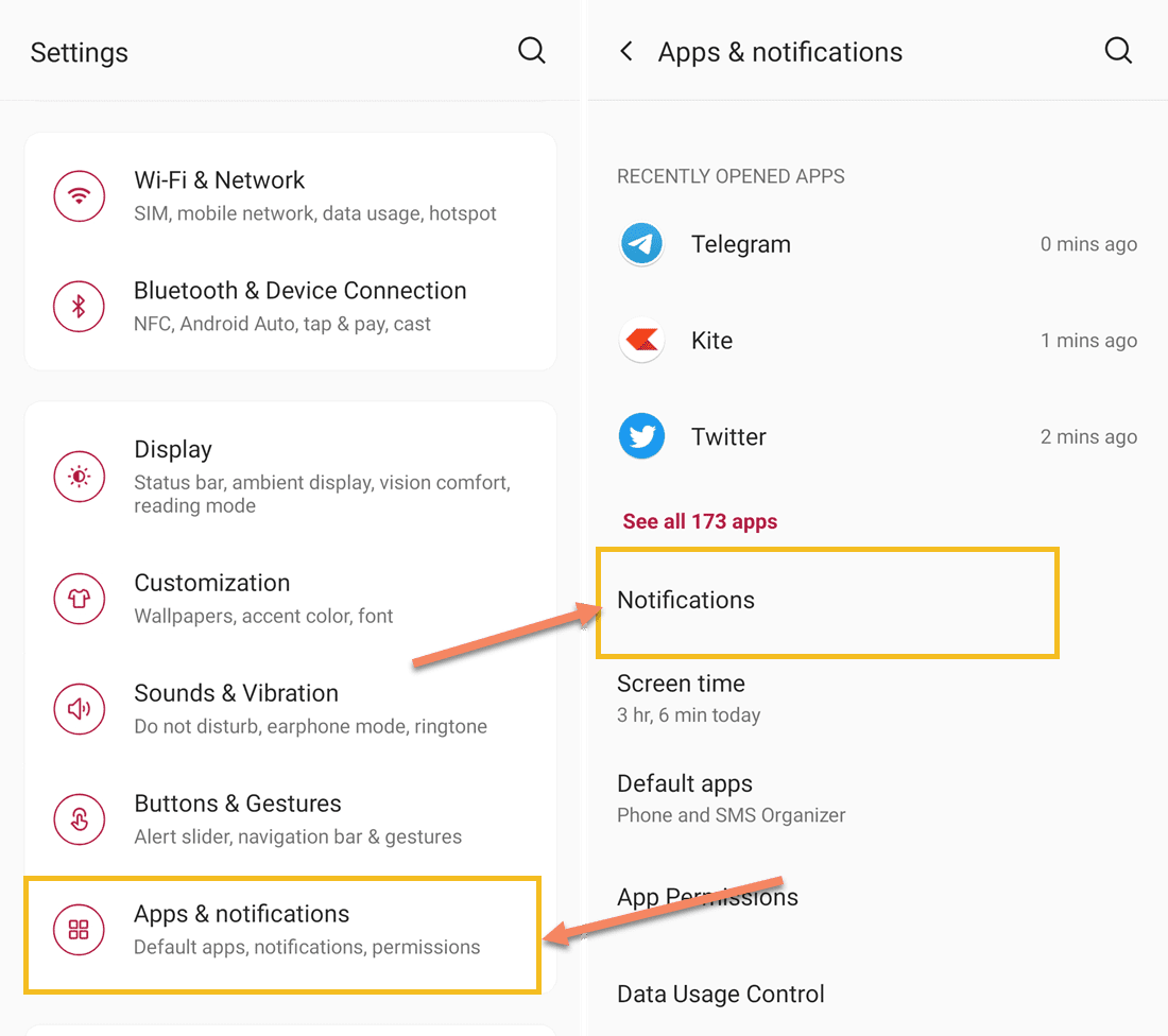 Apps and Notifications settings in Android