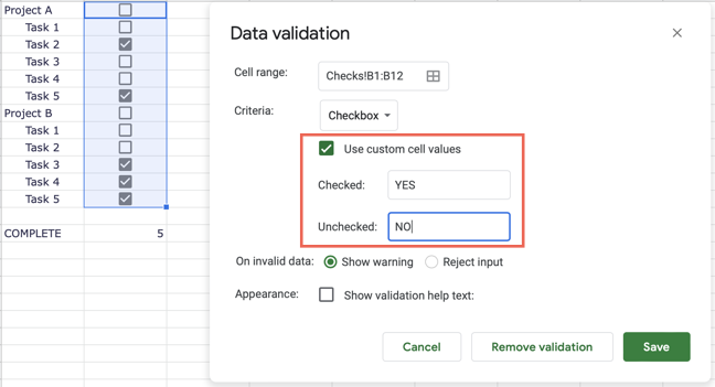 Custom values for checkboxes in Google Sheets