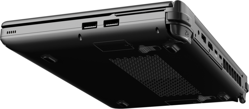 GPD WIN Max 2 seen from below at a right-side angle