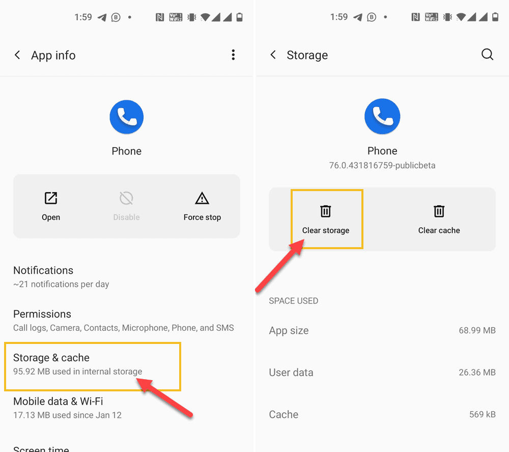 Clear Data of the Google Phone app