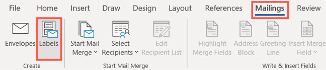 Labels on the Mailings tab in Word