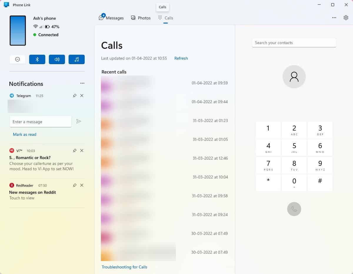 Microsoft Phone Link app - Calls