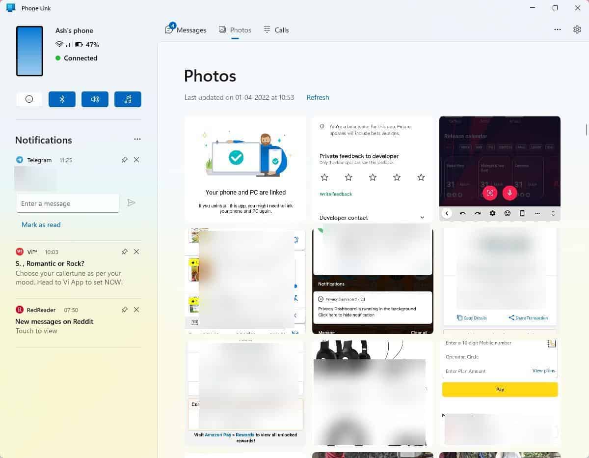 Microsoft Phone Link app - Photos tab
