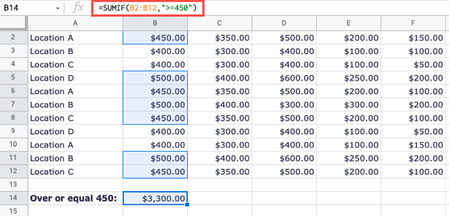 SUMIF in Google Sheets using greater than or equal to