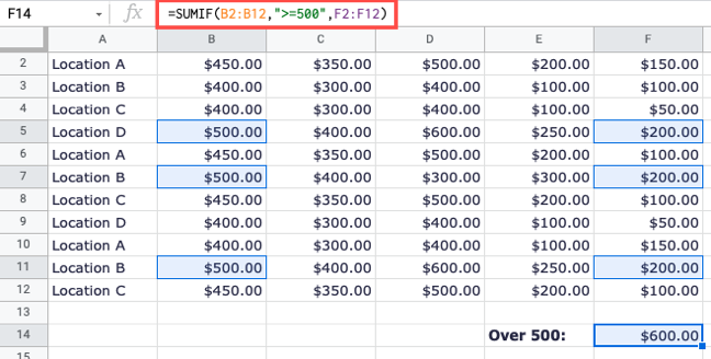 SUMIF in Google Sheets using greater than or equal to
