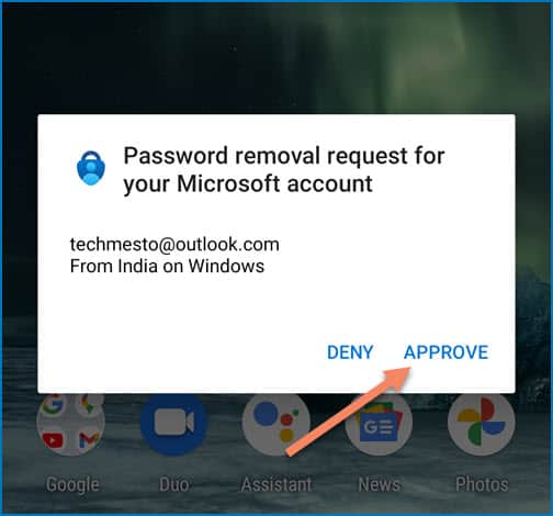 Approve the password removal request in Microsoft Authenticator app on the phone