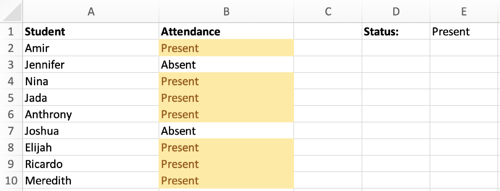 Conditional Formatting when the attendance status is set to "Present"