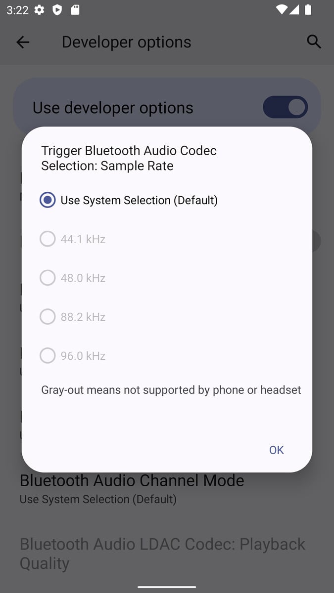 Bluetoothi ​​kodeki valikud