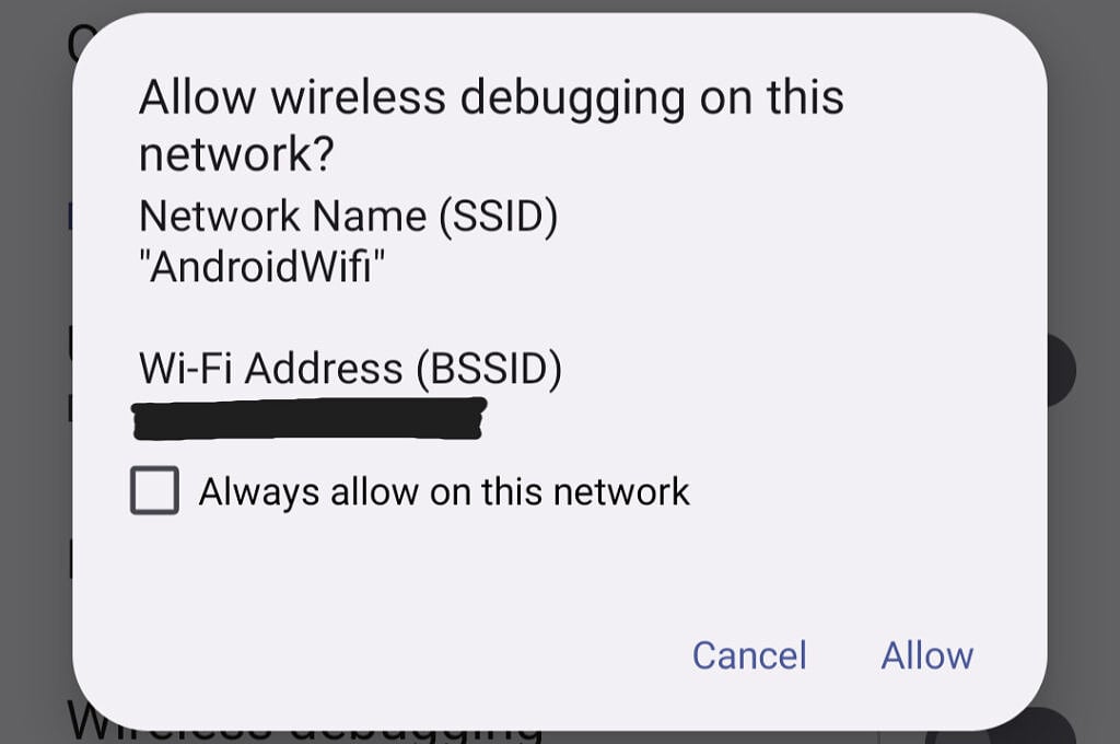 Wireless debugging dialog