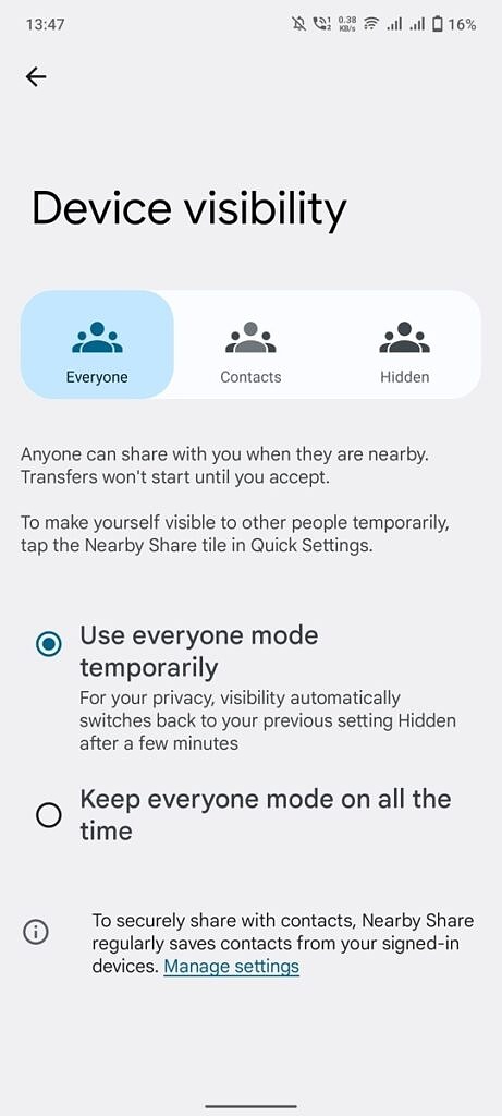 Nearby Share device visibility options