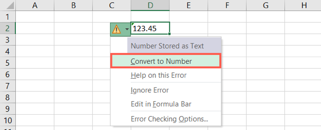 Convert to Number in the warning drop-down box