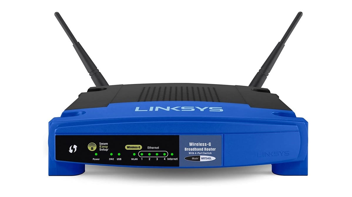 A Linksys WRT54GL Wi-Fi router.