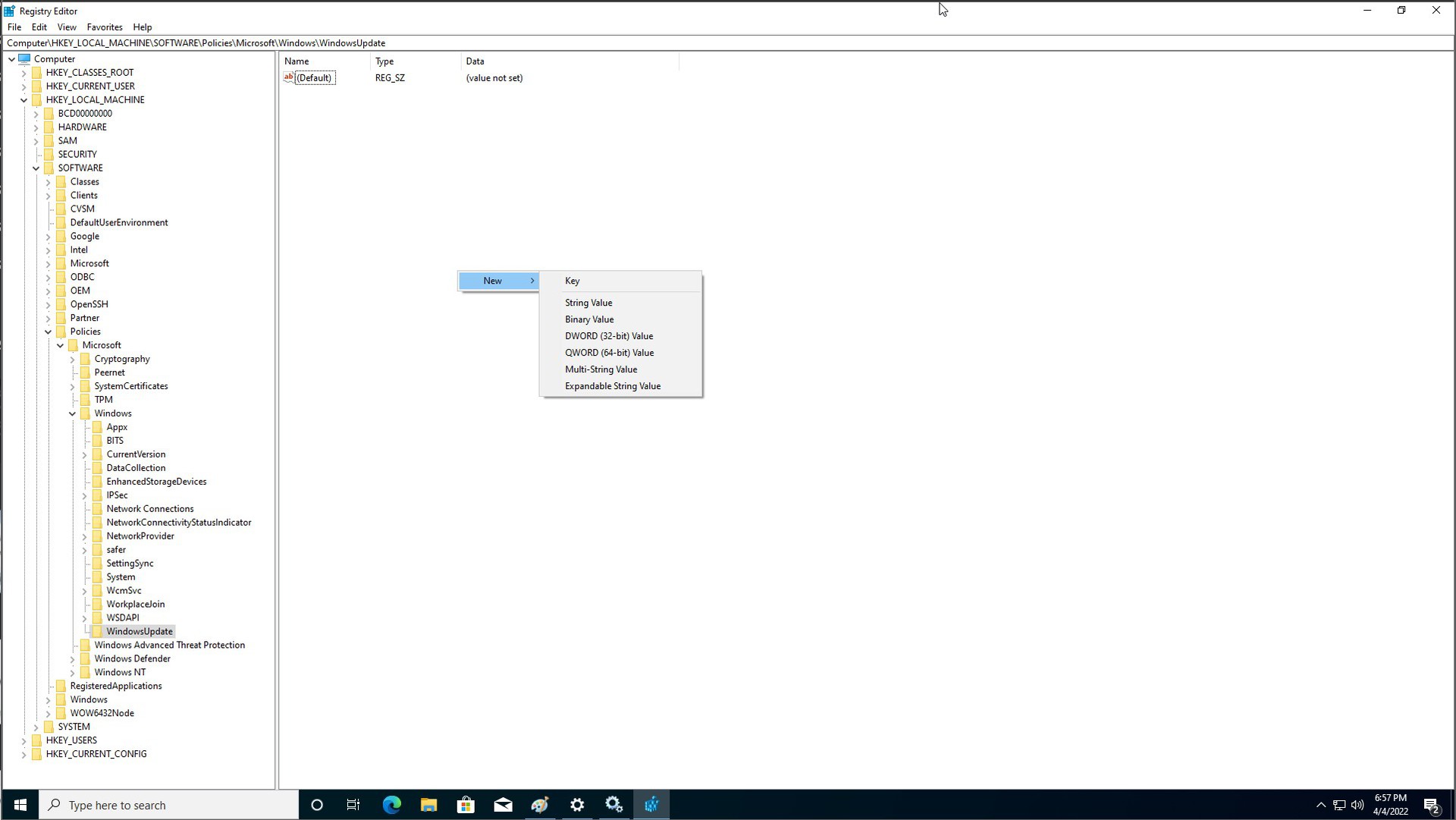 Windows 10 regedit WindowsUpdate new dword