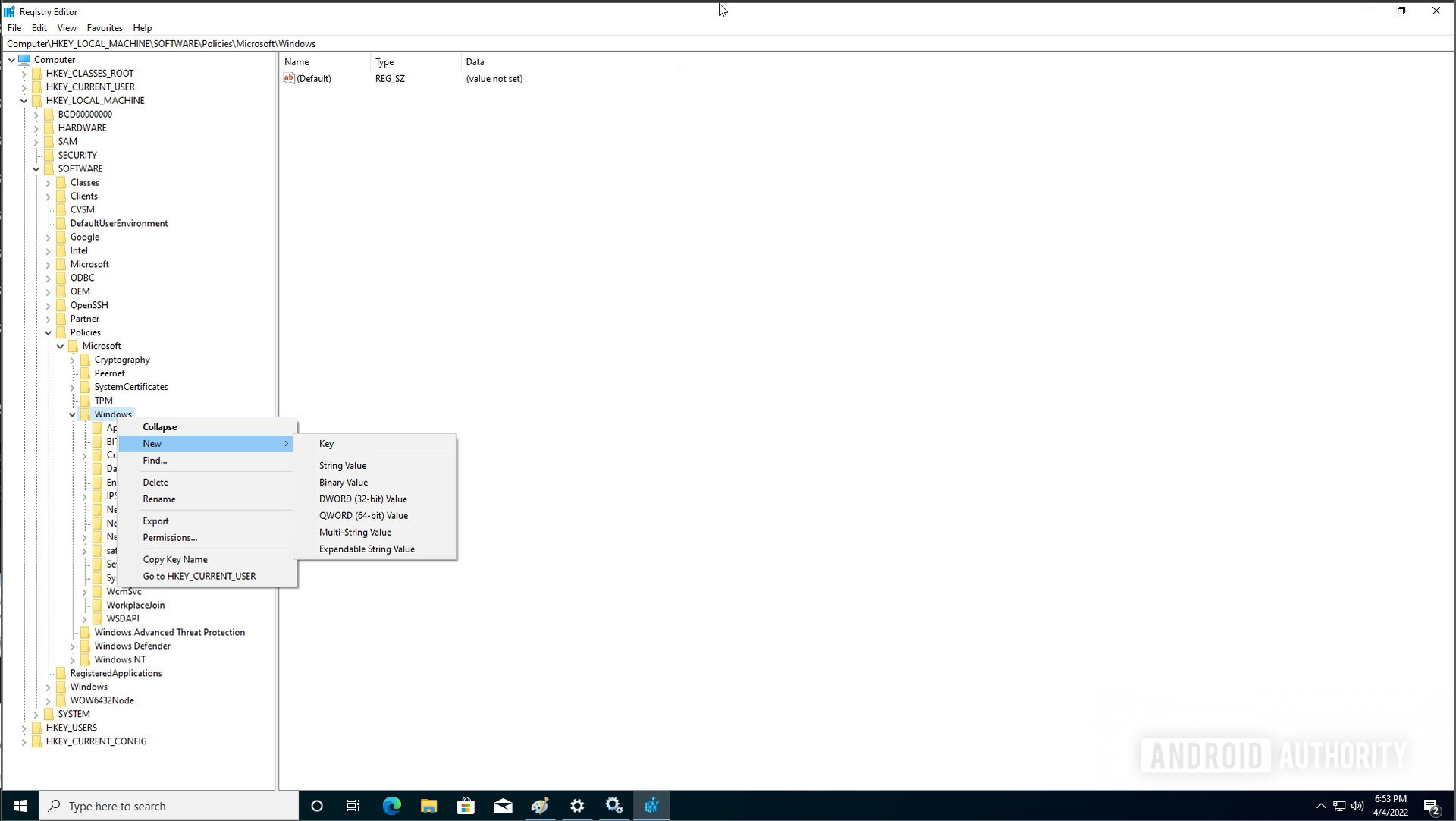 Windows 10 regedit create WindowsUpdate key