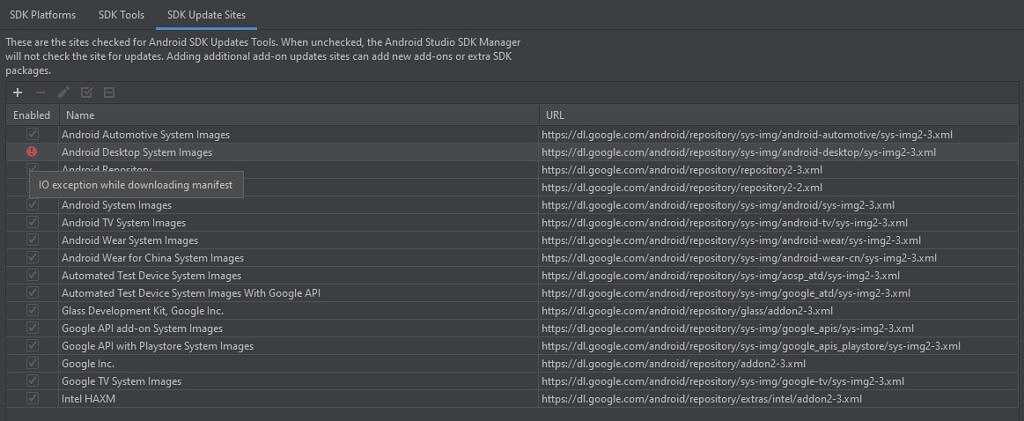 Android Studio SDK Update Sites screenshot showing error when highlighting the Android Desktop images