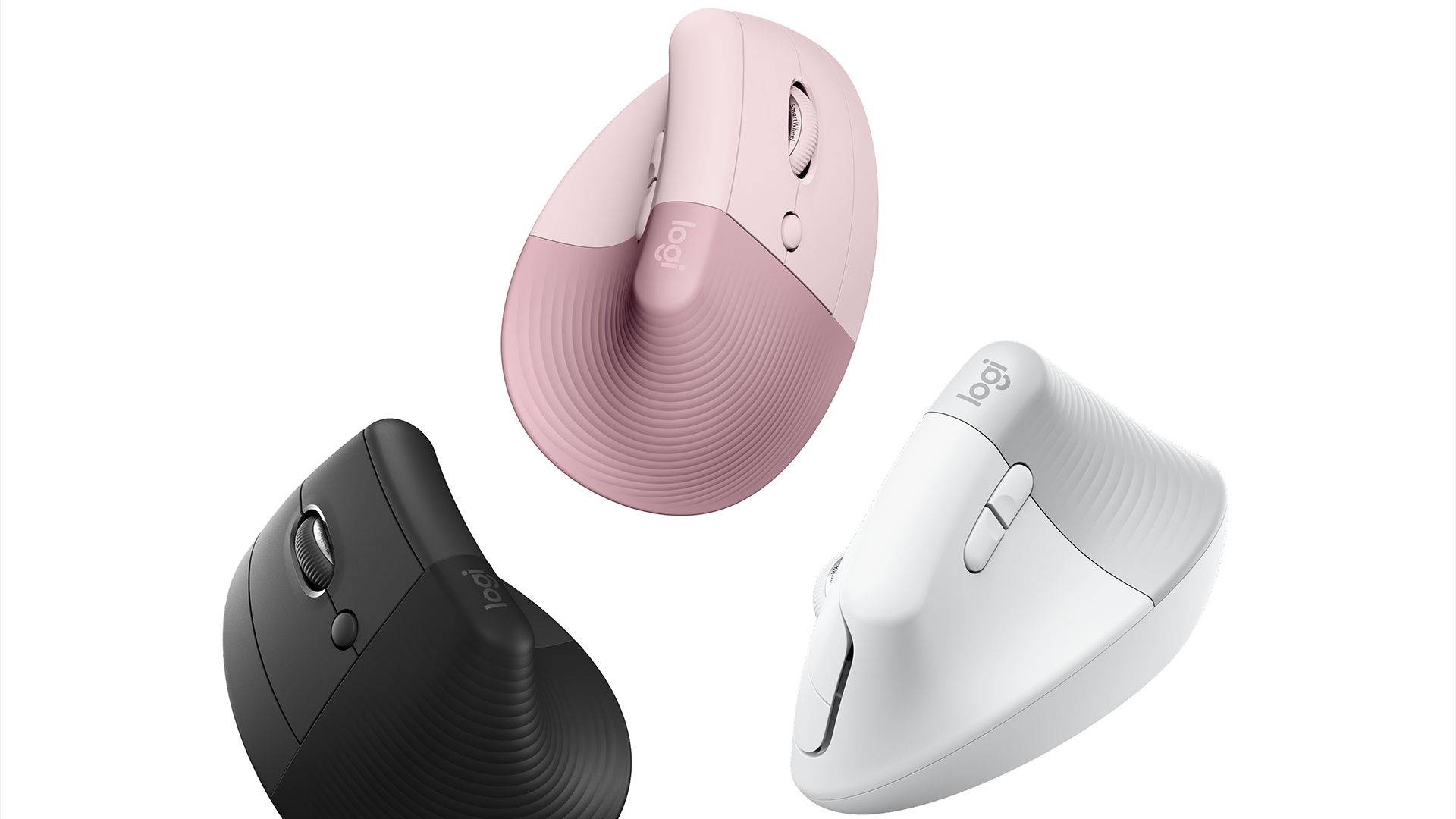 The Logitech Lift in pink, white, and graphite.