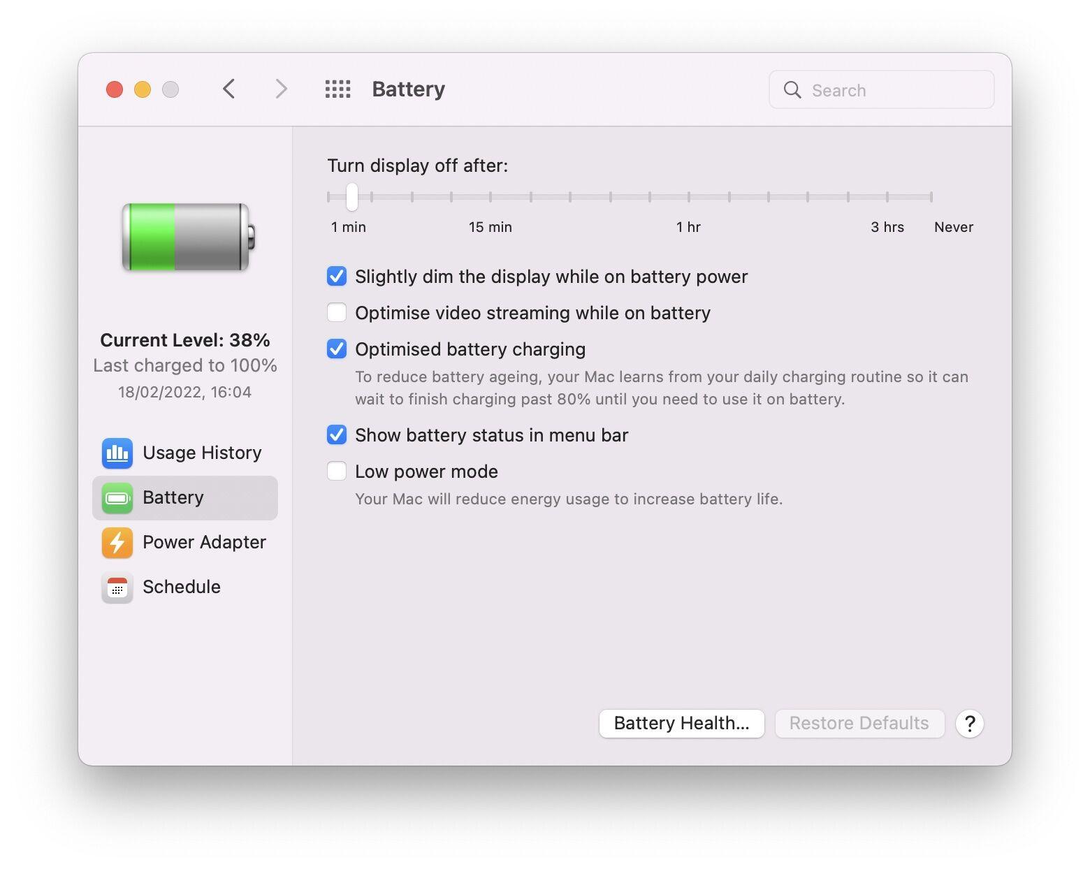 Battery settings Mac