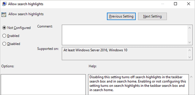 disable Search Highlights in Group policy editor