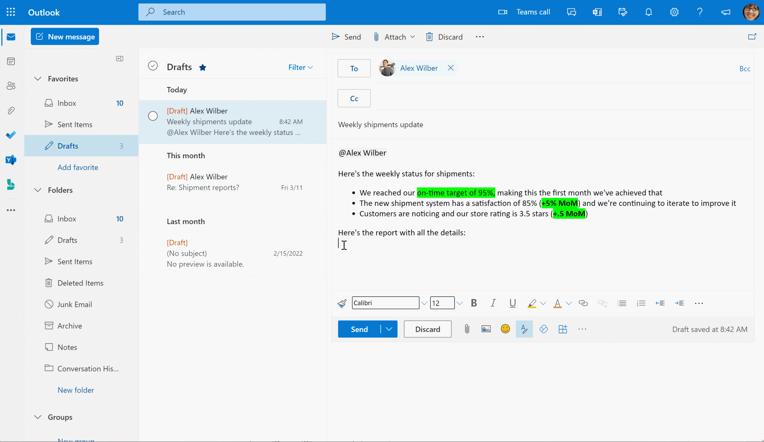 Animated GIF of inserting a Power BI rich card into a weekly status email using Outlook. The card is inserted by using the apps button, selecting Power BI, seeing a list of recently opened items, searching for a specific report, picking the report, inserting the card, and sending the email.