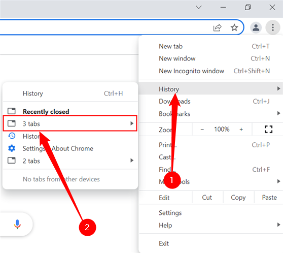 Hover over "History", then click "3 tabs" to restore your tabs.